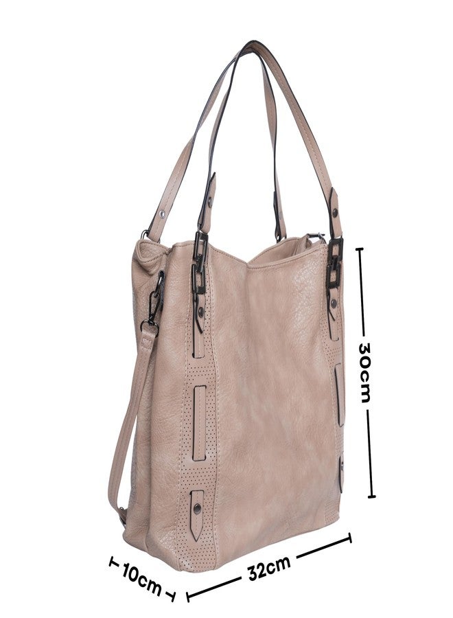 SANTORINI Oia Womens Tote bag | Medium shoulder bag with 2 Main Compartments, Multiple Zipper Pockets & Detachable Sling Strap | Medium Shoulder Handbag for Office, Travel & Daily Use (Khaki) - Image 2